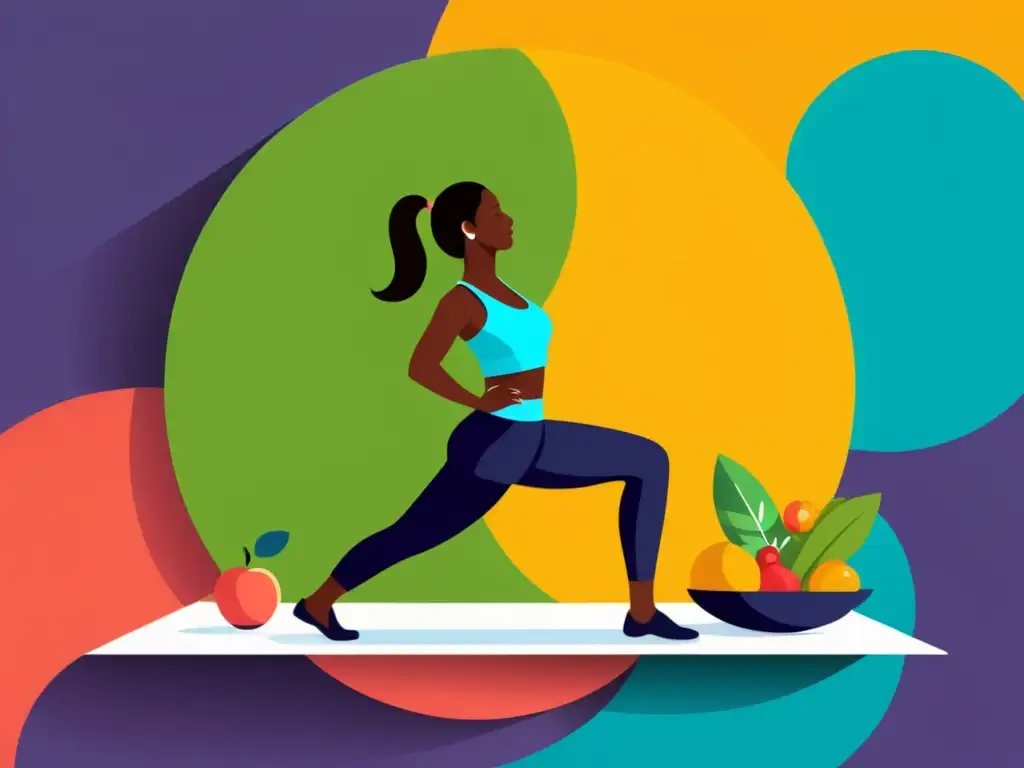 Una ilustración detallada y moderna de una persona con enfermedad de Addison, que maneja la condición de forma positiva a través de terapia hormonal y un estilo de vida saludable con yoga, running y una dieta equilibrada