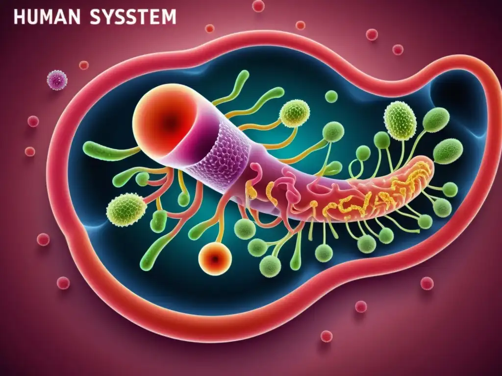 Una ilustración detallada y moderna del sistema digestivo humano, destacando la microbiota intestinal y su papel en enfermedades autoinmunes