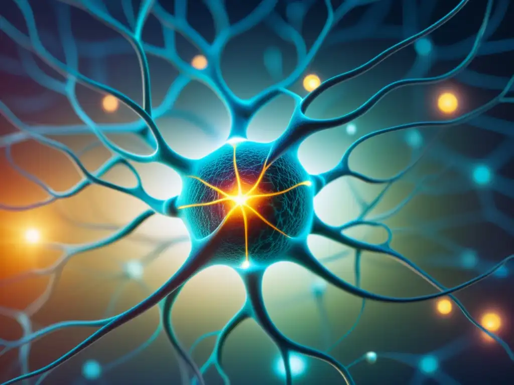 Conexiones brillantes: Neurona y sistema inmune en armonía Una ilustración detallada de una neurona con dendritas y axones vibrantes e intrincados, rodeada por células inmunes resplandecientes y translúcidas