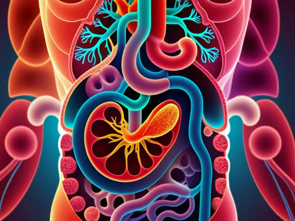 Sistema digestivo e inmunológico: conexión vital en adultos mayores Una ilustración detallada del sistema digestivo humano, resaltando los intestinos y la red de vasos sanguíneos y células inmunes