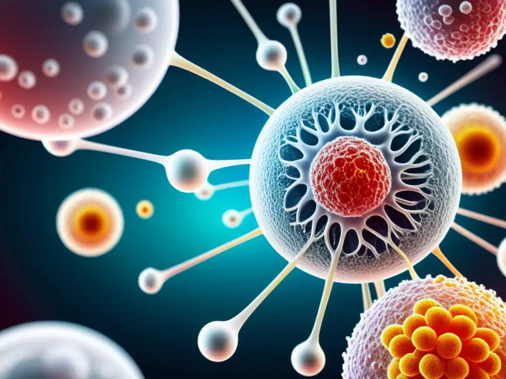 Complejidad del sistema inmunitario: ilustración detallada Una ilustración detallada del sistema inmunológico humano, con células blancas, anticuerpos y patógenos interactuando en el cuerpo