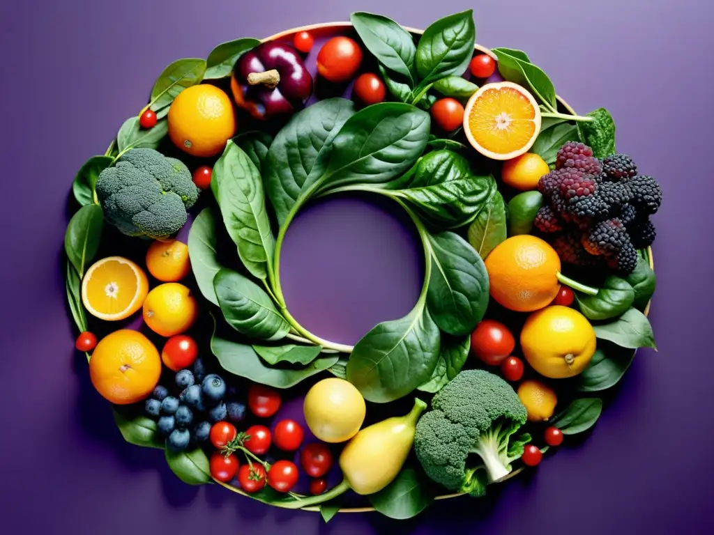 Arcoíris de Frutas y Verduras: Detalle y Colorido Una ilustración detallada de una variedad diversa de frutas y verduras coloridas, dispuestas en un patrón circular
