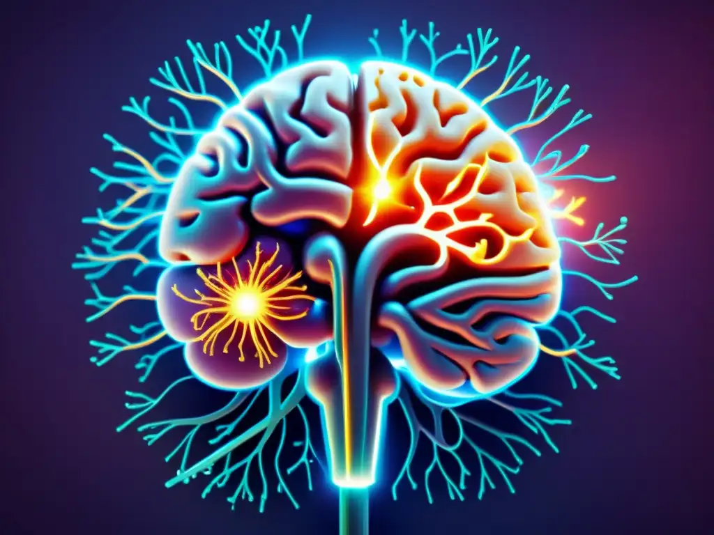 Brillante lucha cerebral contra el cáncer: mente y cuerpo unidos Una ilustración detallada y vibrante del cerebro humano, rodeado de células inmunes y cancerosas