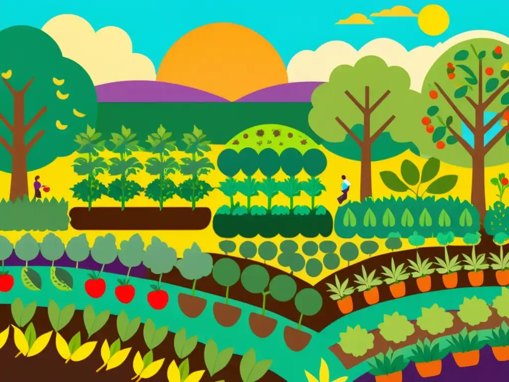 Jardín comunitario vibrante: diversidad, vitalidad y aprendizaje Una ilustración detallada de un vibrante huerto comunitario, con diversidad de frutas, verduras y hierbas creciendo bajo la luz del sol
