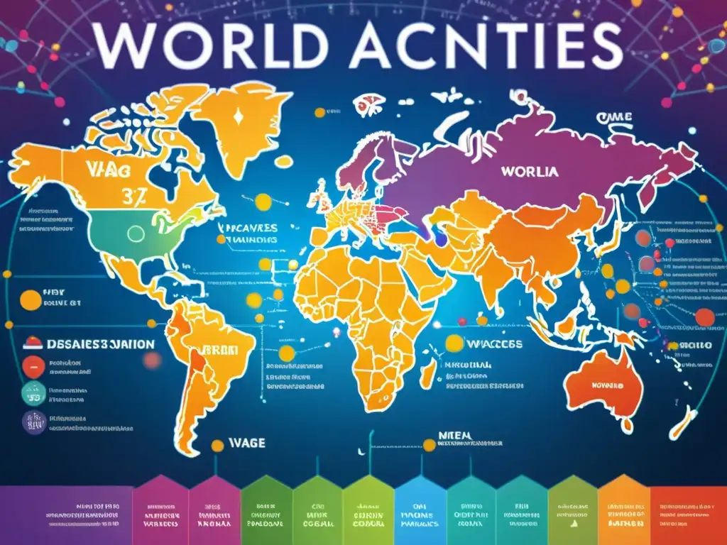 Mapa mundial detallado muestra impacto de vacunas Una ilustración digital detallada del mapa mundial, con colores vibrantes que representan diversas regiones y líneas punteadas que trazan la propagación de enfermedades antes y después de la introducción de vacunas
