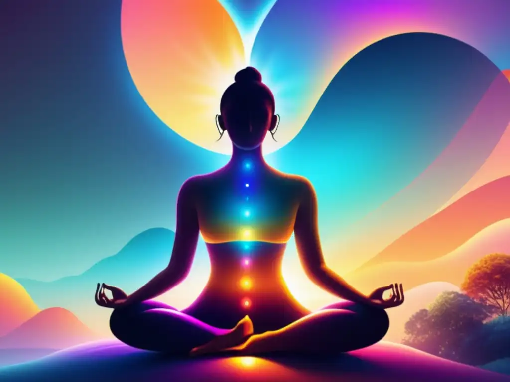 Una ilustración digital detallada de una persona practicando pranayama, rodeada por un aura brillante de energía