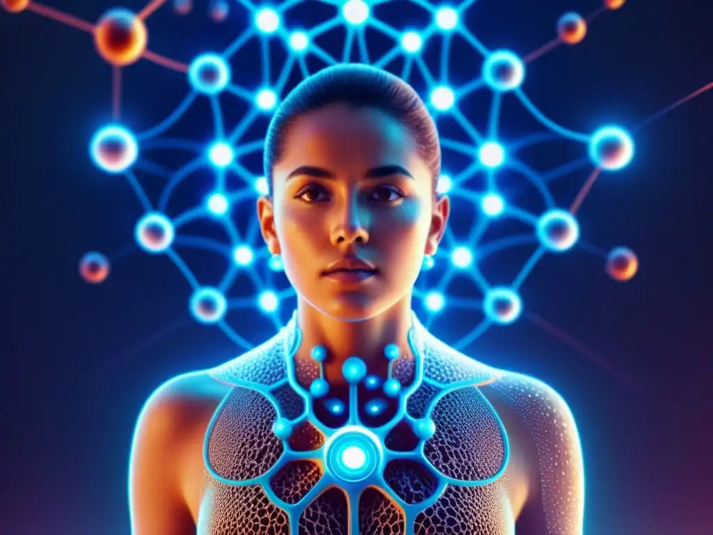 Fortaleciendo la Inmunidad: Ilustración Digital Futurista Una ilustración digital detallada de una persona rodeada por una red brillante de células del sistema inmunológico, con un aspecto futurista y moderno