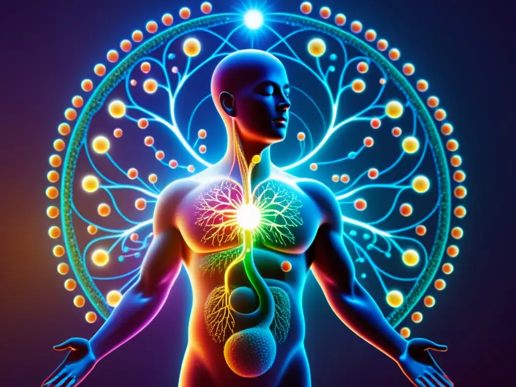 Red de energía vital: sistema inmune activado Una ilustración moderna y detallada de una red de energía vibrante y luminosa dentro del cuerpo humano, resaltando el sistema inmunológico