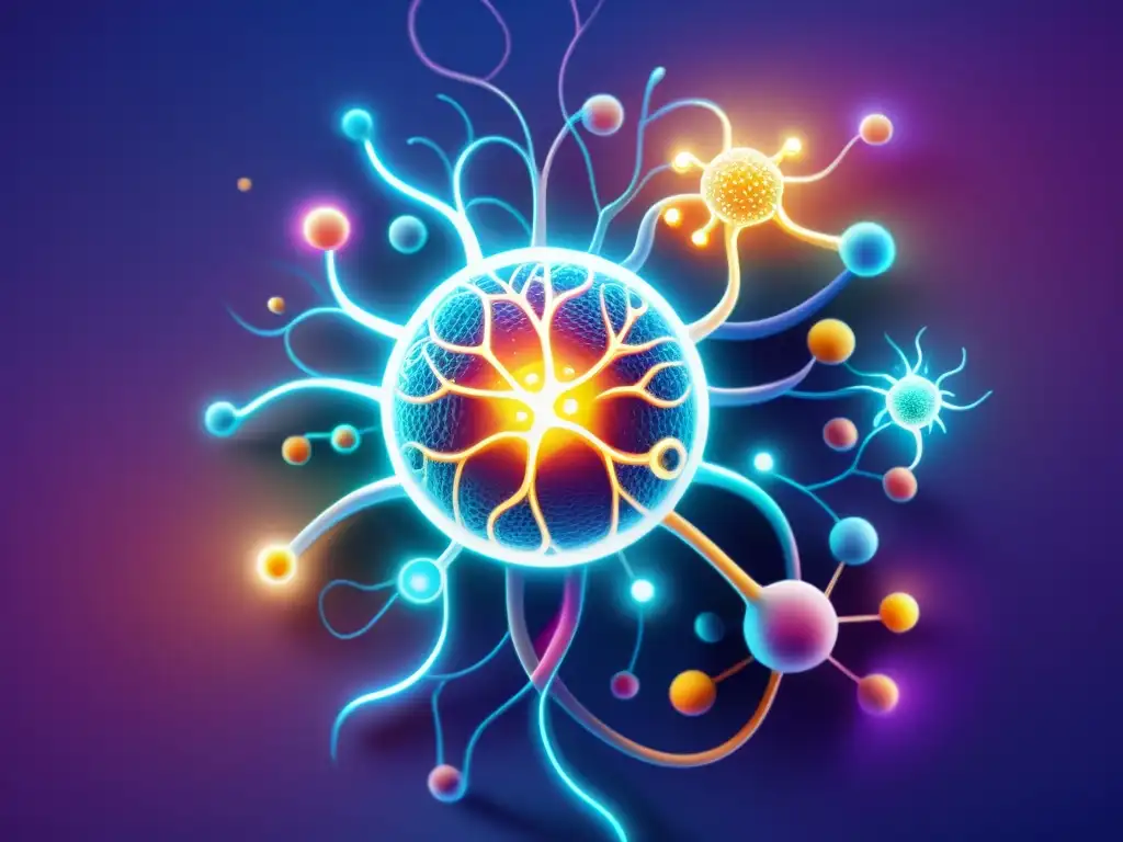 Redes neuronales e inmunitarias: la conexión psiconeuroinmunológica Una ilustración moderna de una red vibrante e interconectada de neuronas, células inmunes y símbolos psicológicos, tejiendo juntos la importancia de la Psiconeuroinmunología en inmunidad, con colores suaves que evocan calma y equilibrio