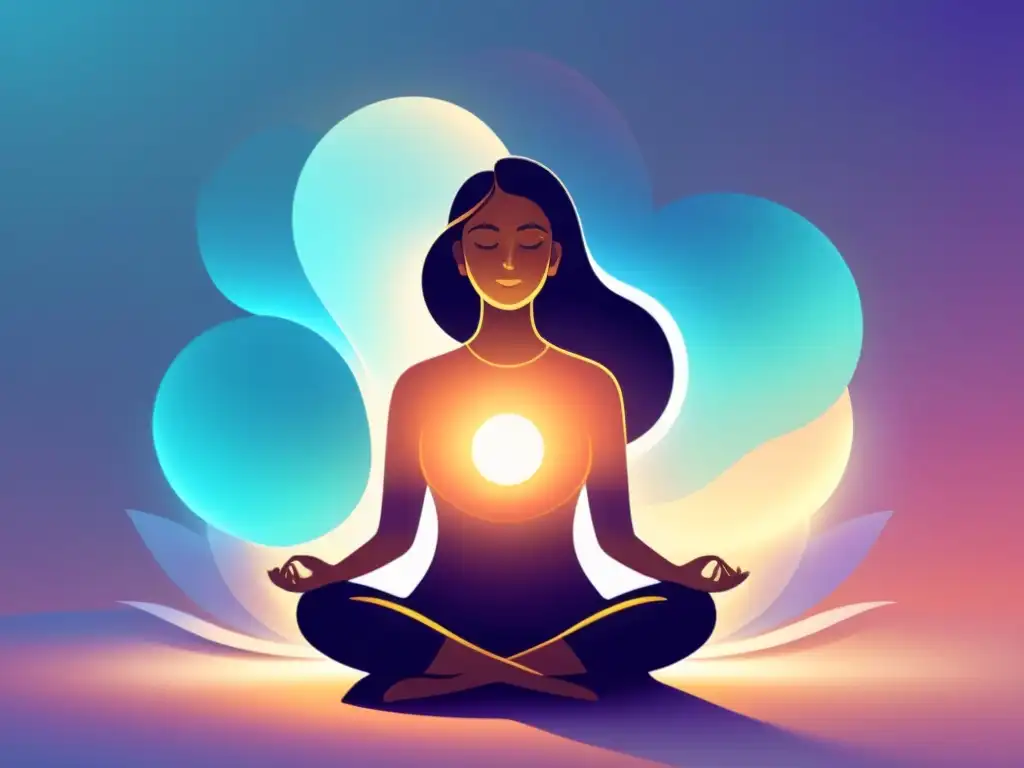Mediación serena: persona en meditación con luz suave Una ilustración moderna y serena de una persona meditando con luz suave, emanando calma y equilibrio