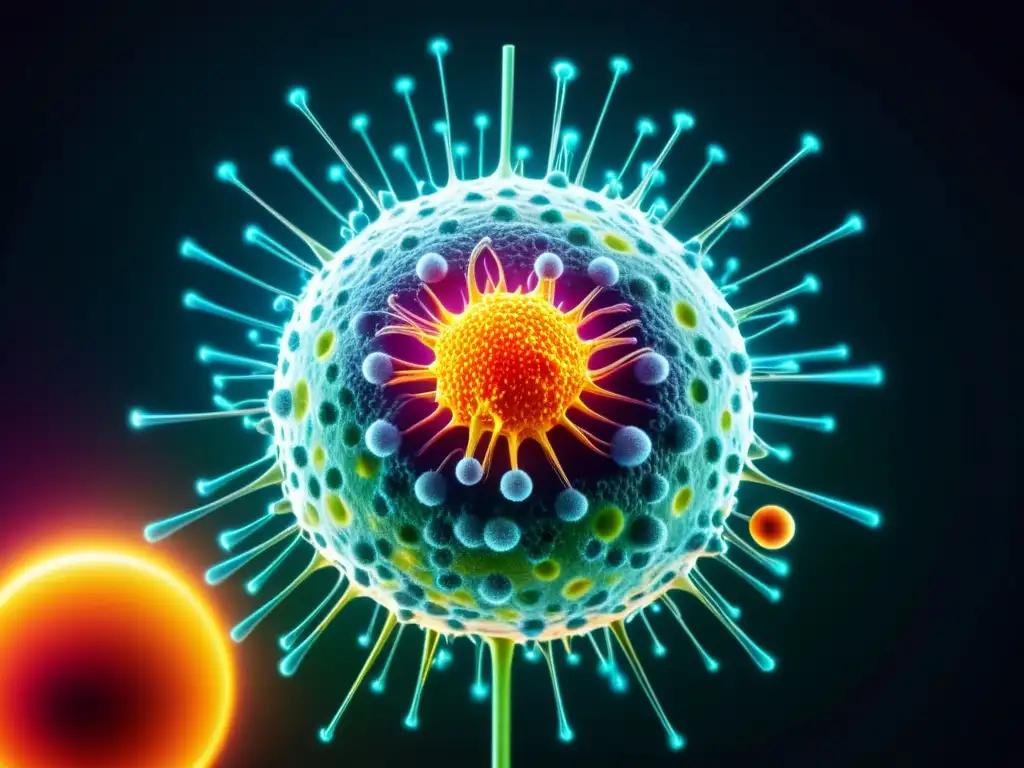 Inmunoterapia vanguardista contra el cáncer Una ilustración moderna y vibrante muestra la remisión espontánea del cáncer por el sistema inmunológico, con detalle molecular y un fondo futurista