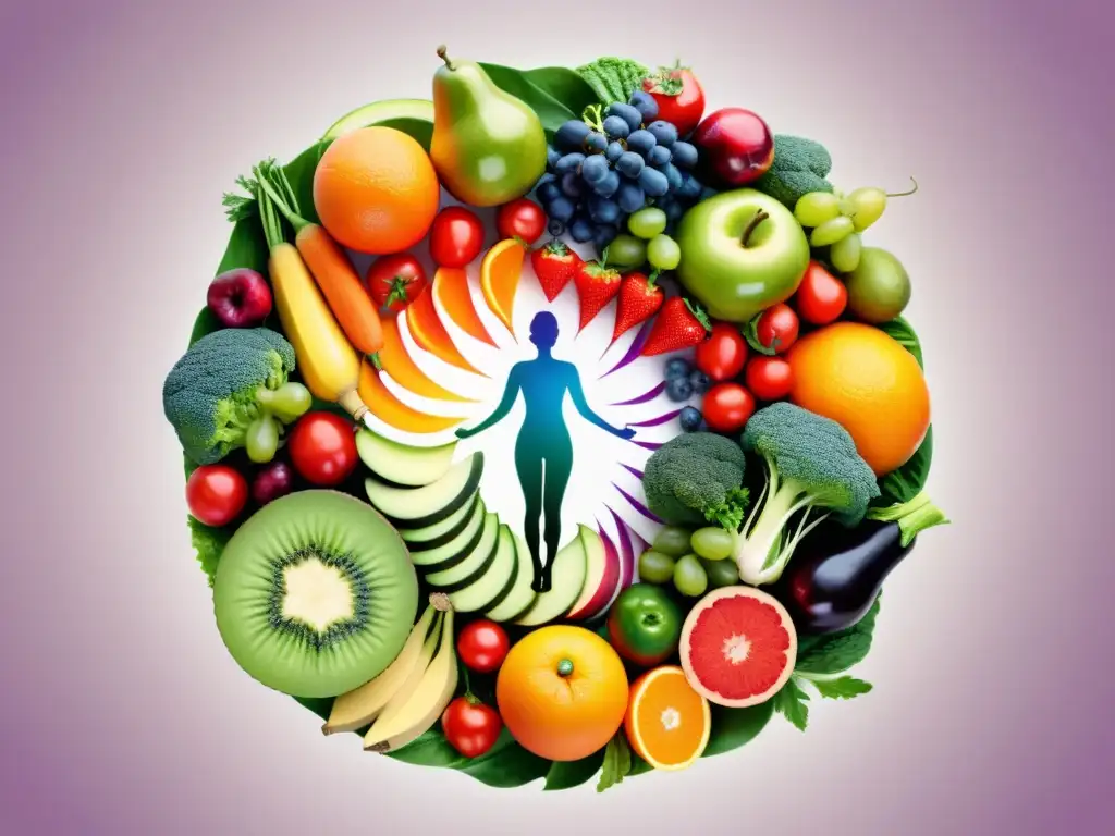 Una ilustración moderna y vibrante de frutas y verduras en un patrón circular, conectadas a una figura humana central