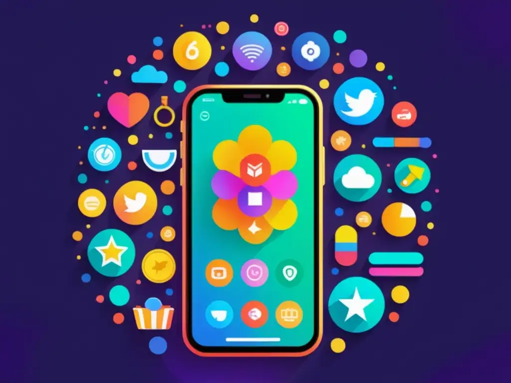 Iconos inmunes: energía y vitalidad en tu pantalla Una ilustración moderna y vibrante de una pantalla de móvil con llamativos iconos de apps para fortalecer sistema inmunológico, rodeados de elementos visuales dinámicos y energéticos