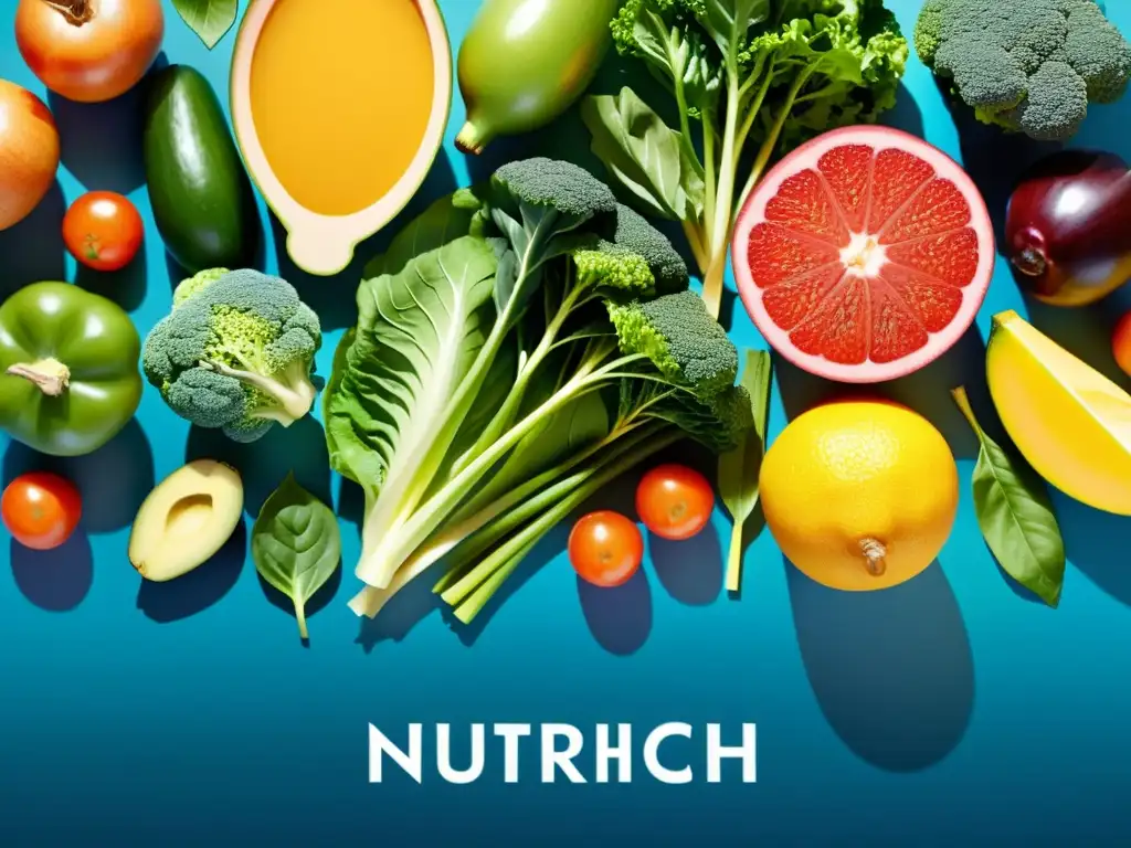 Vibrante composición de alimentos saludables Una ilustración moderna y vibrante de una variedad diversa de alimentos ricos en nutrientes, como frutas, verduras, granos enteros y proteínas magras, en una composición equilibrada y estéticamente atractiva