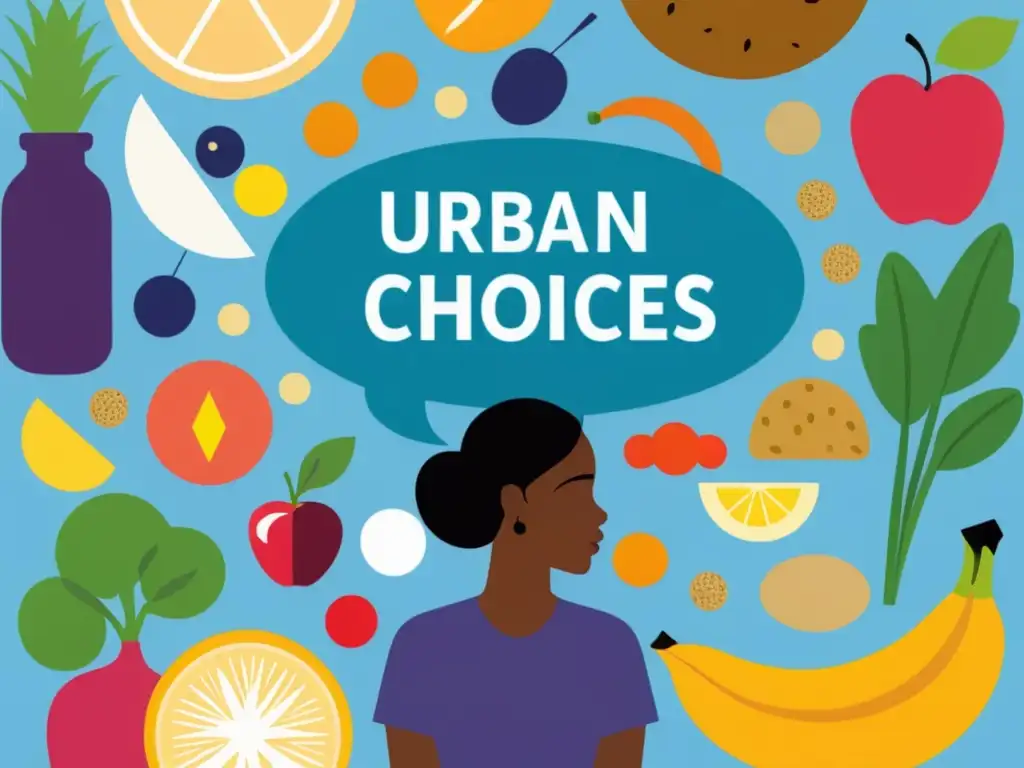 El guerrero moderno: sabiduría y equilibrio en la alimentación urbana Una ilustración de una persona en un entorno urbano, tomando decisiones alimenticias equilibradas para fortalecer su sistema inmunológico