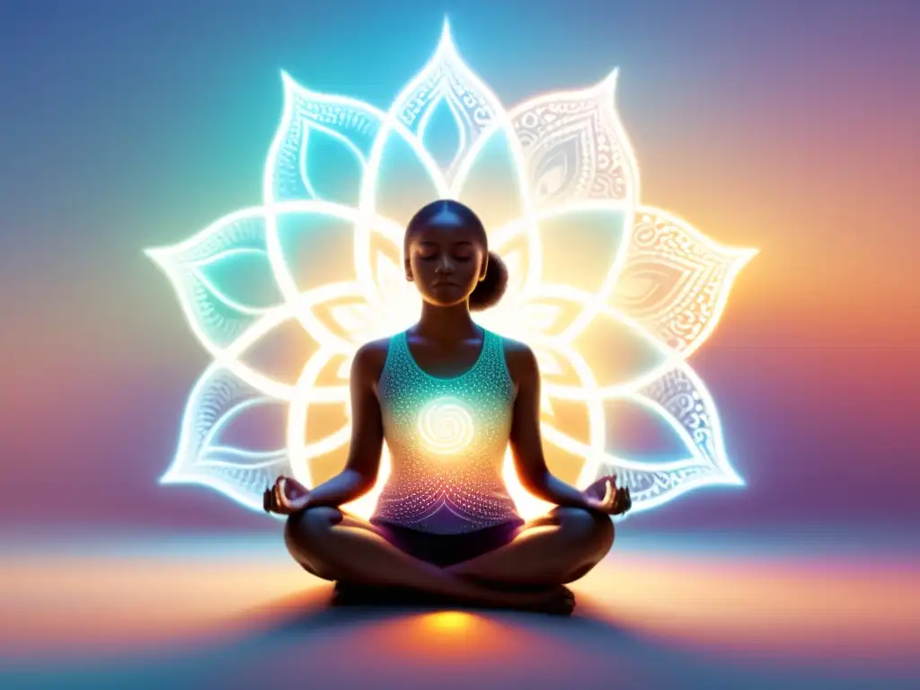 Meditación serena con aura luminosa: ilustración moderna Una ilustración serena y moderna de una persona en meditación, rodeada por una aura de luz brillante y patrones energéticos