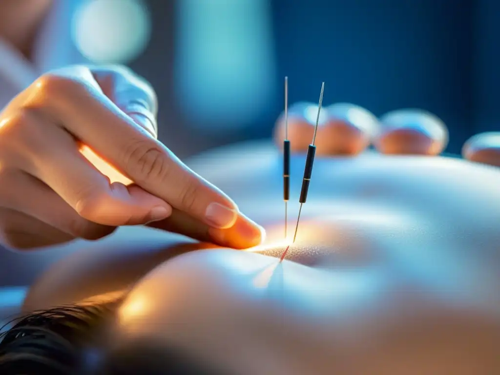Acupuntura inmune: terapia experta en ambiente moderno Imagen de acupuntura para regular inflamación inmunológica en un entorno profesional y sereno, con acupunturista y paciente confiados