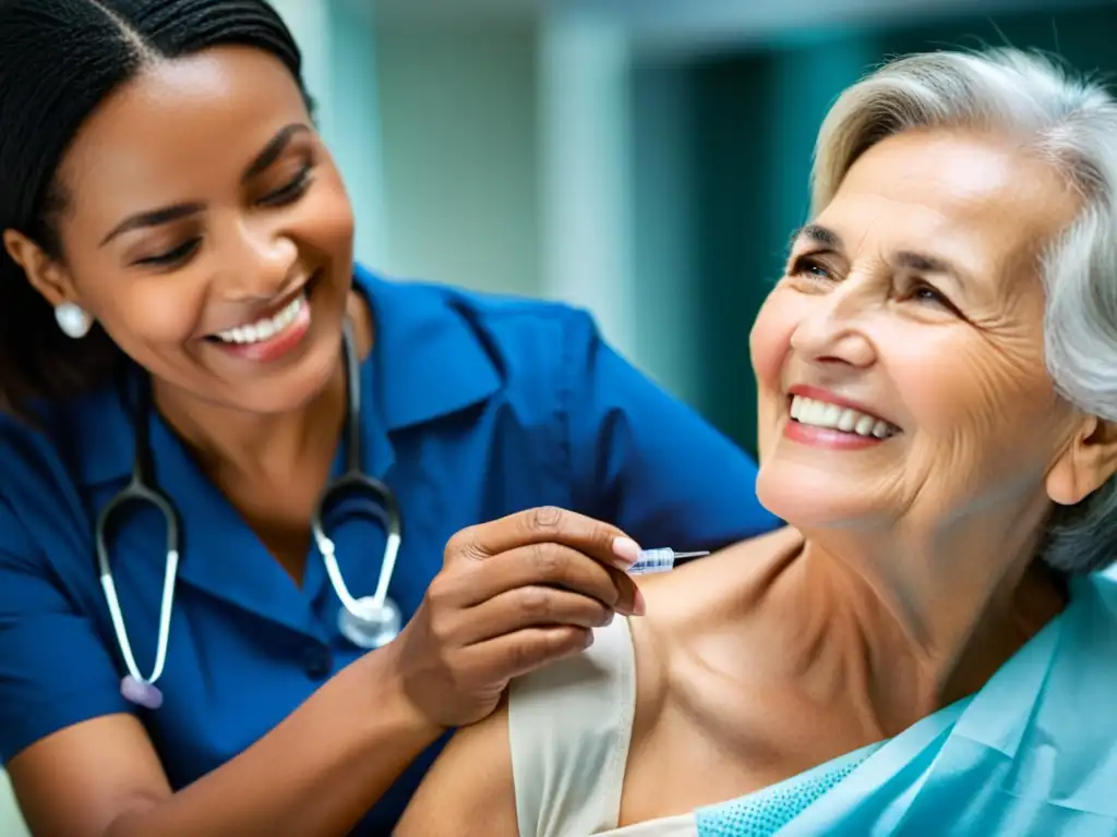 Emoción de vacunación: esperanza en rostros de adultos mayores Imagen de un adulto mayor sonriente recibiendo una vacuna, destacando la importancia de la vacunación en adultos mayores
