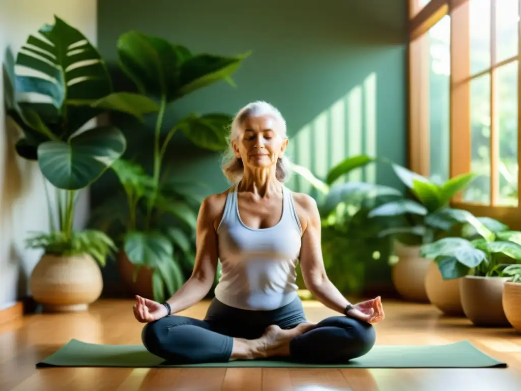Yoga rejuvenador para la tercera edad Una imagen de un adulto mayor practicando yoga en un entorno tranquilo y soleado, rodeado de plantas verdes, expresando vitalidad y paz interior