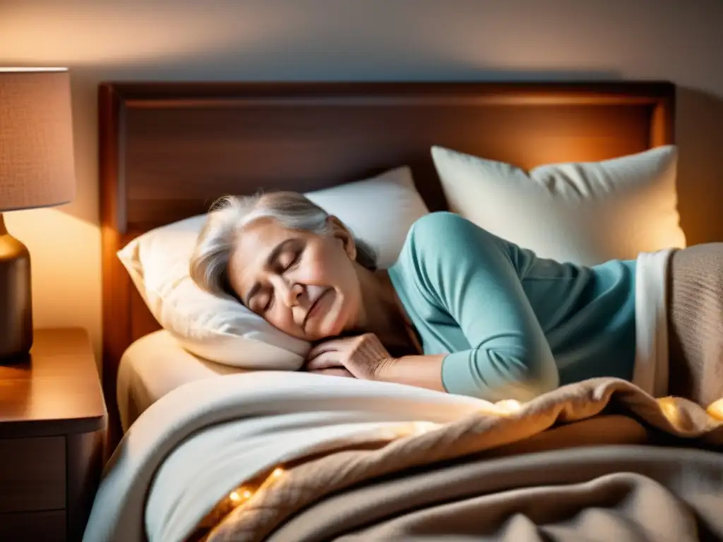 Tranquilo sueño de anciano en cama acogedora Imagen de un anciano durmiendo plácidamente en una cama acogedora con mantas suaves y almohadas, iluminado por una lámpara cálida