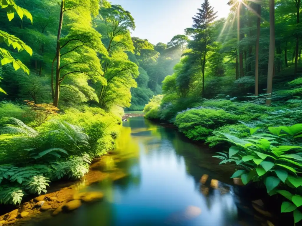 Bosque sereno: luz y vida entre la naturaleza exuberante Imagen de un bosque exuberante y sereno, con rayos de sol filtrándose a través del denso dosel e iluminando las hojas vibrantes y la vegetación
