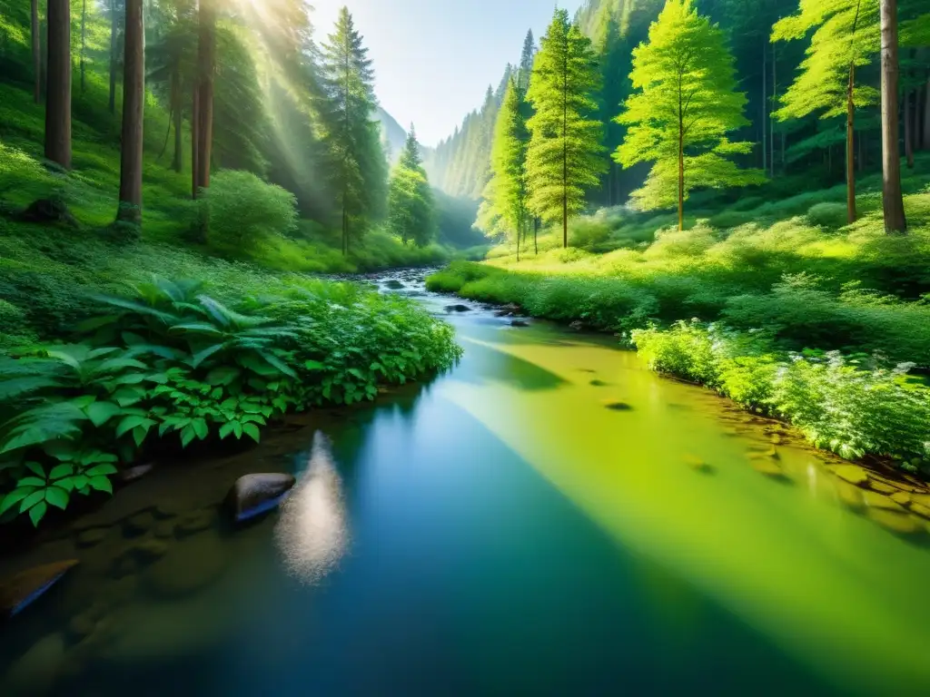 Imagen 8k de un bosque exuberante y sereno con un arroyo cristalino