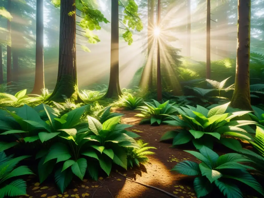 Imagen de un bosque sereno y soleado con exuberante vegetación, filtrando la luz del sol entre los árboles
