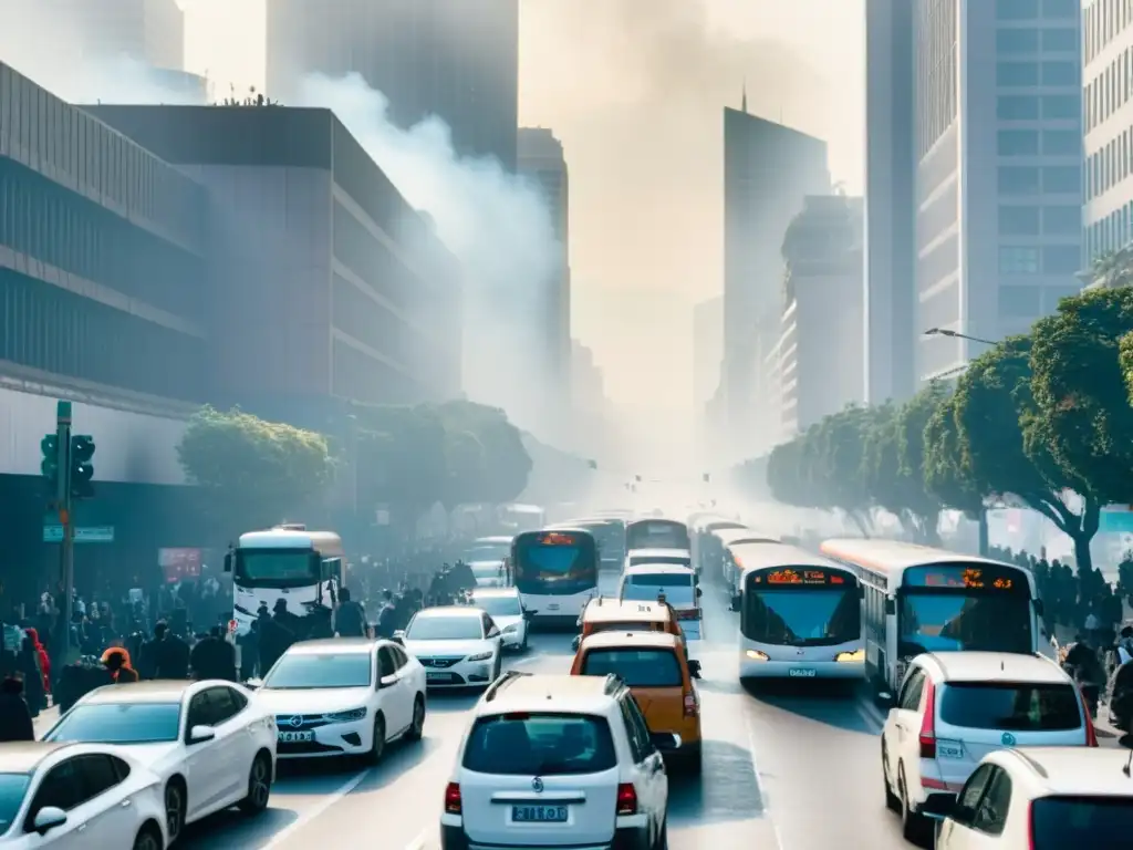 Contaminación atmosférica en la ciudad: impacto y urgencia Imagen de calle urbana contaminada por smog de vehículos