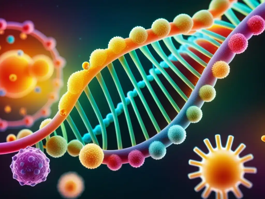 Imagen 8k de una colorida hebra de ADN entre células del sistema inmunológico, en un ambiente futurista