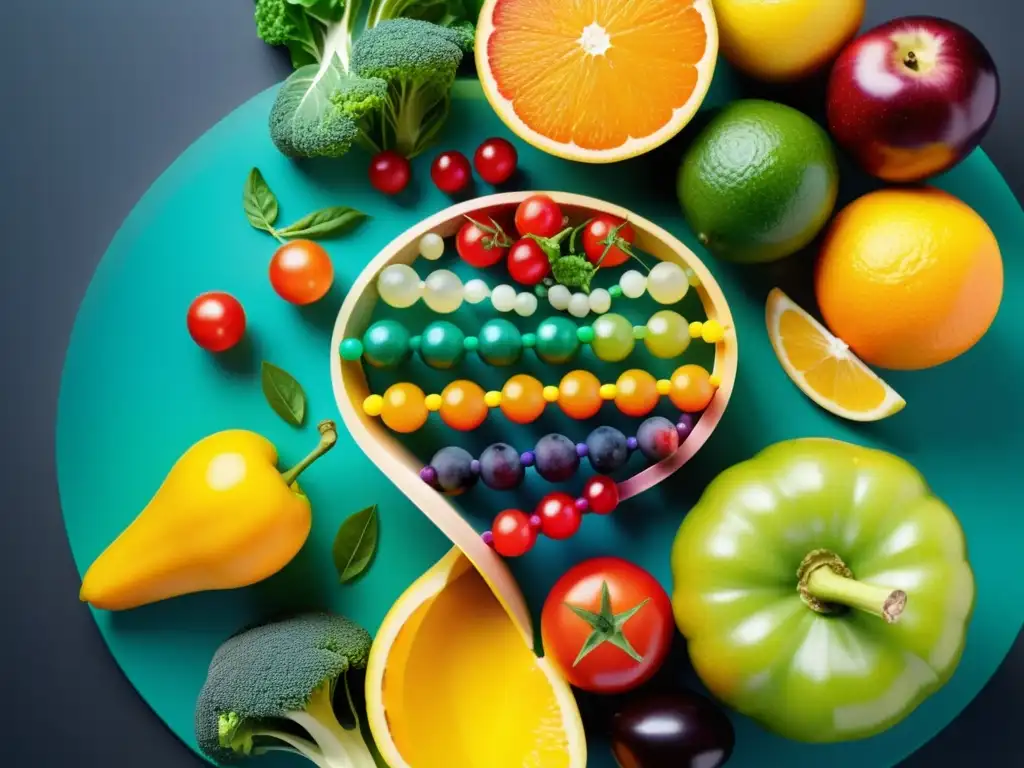 ADN brillante entrelazado con alimentos saludables: inmunidad óptima Imagen 8k de un ADN colorido entrelazado con frutas y verduras, resaltando beneficios para el sistema inmunológico