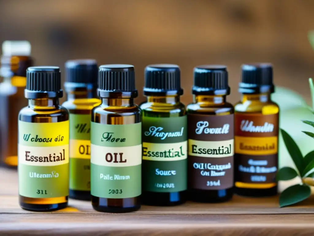 Una imagen detallada de aceites esenciales en botellas de vidrio sobre madera, resaltando los beneficios para el sistema inmunológico