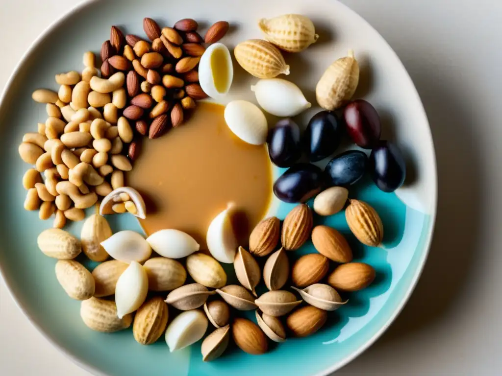Plato de alimentos alergénicos detallado Una imagen detallada muestra alérgenos ocultos que debilitan el sistema inmunológico en un plato de comida, con iluminación suave y colores vibrantes
