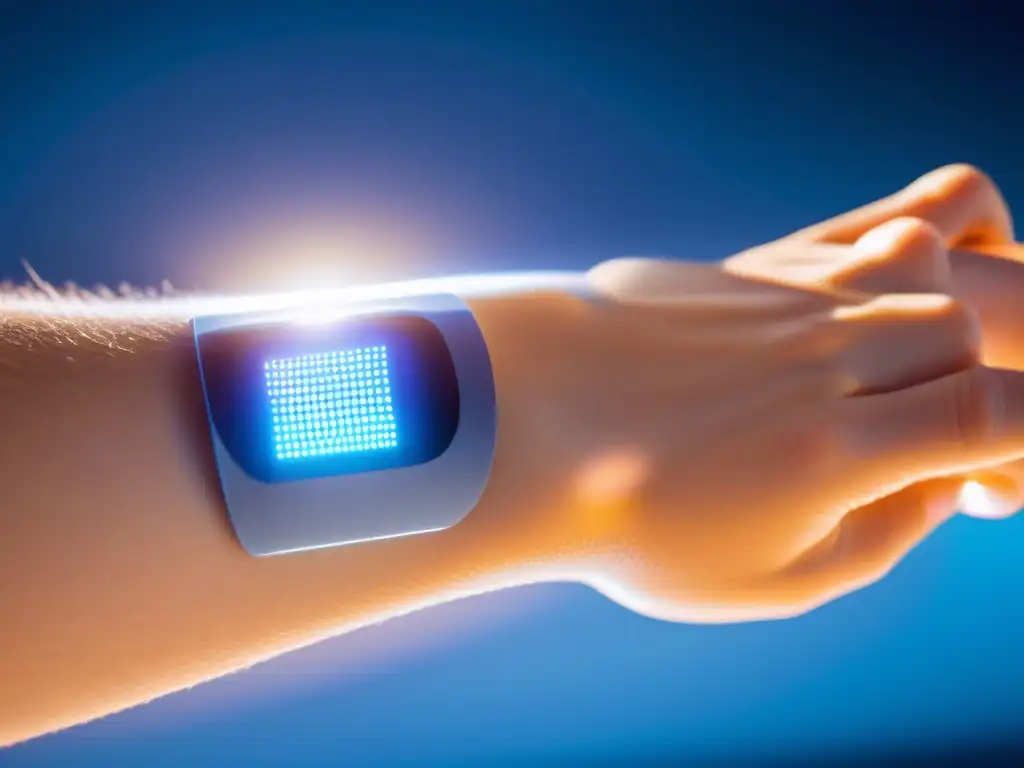 Monitor UV en la piel: tecnología y protección Una imagen detallada de un antebrazo con un parche sensor UV adherido, iluminado suavemente