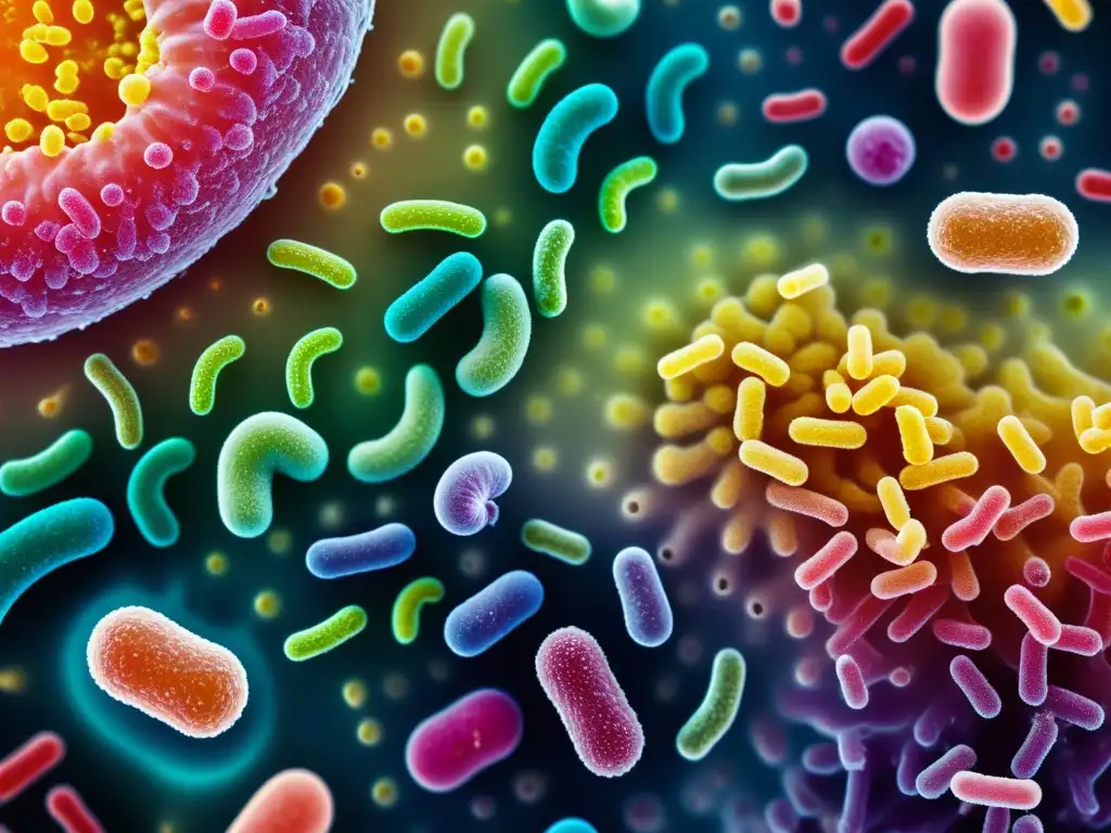 Microbiota colorida: diversidad celular y probióticos Una imagen detallada de bacterias y microbios coloridos a nivel celular