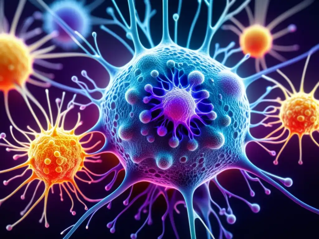 Ataque inmune: microscopio UV revela células en acción Imagen detallada de células inmunes atacando tejido sano, mostrando la complejidad de la respuesta autoinmune