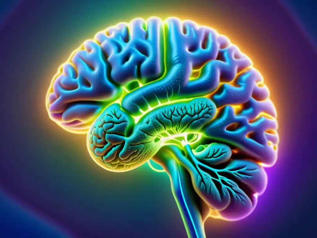 Brain brillante: Detalle asombroso del sistema neuronal Una imagen detallada del cerebro humano con vías neuronales brillantes y colores vibrantes, conectando emociones y salud inmunológica