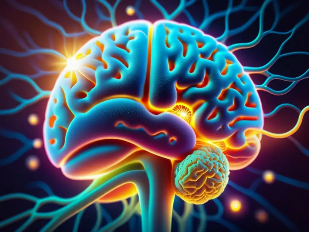 Neurotecnología: equilibrio entre estrés e inmunidad Una imagen detallada del cerebro humano con vías neurales brillantes y conexiones intrincadas, rodeado por un suave resplandor