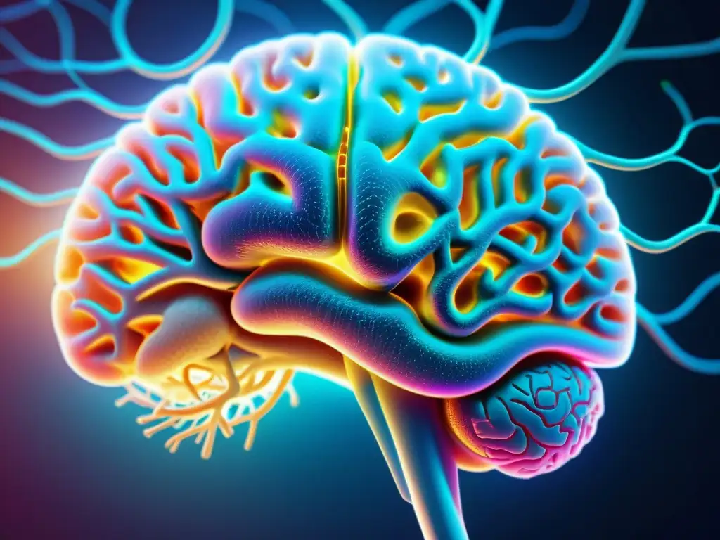Redes neuronales brillantes: el cerebro y el estrés Una imagen detallada de un cerebro humano con redes neuronales resaltadas en colores futuristas, mostrando la complejidad y resiliencia