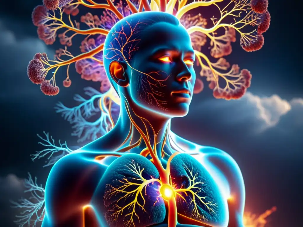 Redes de estrés crónico: El impacto en el sistema inmune Imagen 8k detallada del cuerpo humano con red de venas y arterias brillantes, reflejando cómo el estrés crónico afecta el sistema inmunológico