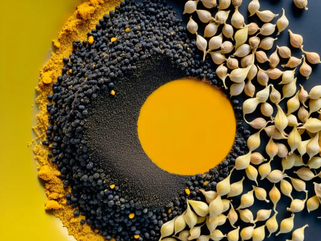 Raíces de cúrcuma y semillas de pimienta: belleza y vitalidad en detalle Una imagen detallada muestra cúrcuma y semillas de piperina recién cosechadas, con colores vibrantes y texturas sorprendentes