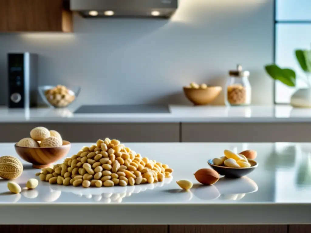 Prevención de alergenos en la cocina: detalle ultrarrealista Una imagen detallada de una encimera de cocina con alérgenos comunes esparcidos