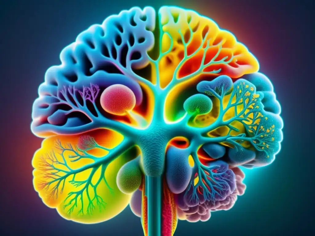 Conexiones neurales y sistema inmune en adultos: imagen detallada 8k Imagen detallada en 8k de escaneo cerebral colorido con intrincadas conexiones neuronales, superpuesta con red inmune compleja, mostrando relación entre psique y sistema inmune en adultos