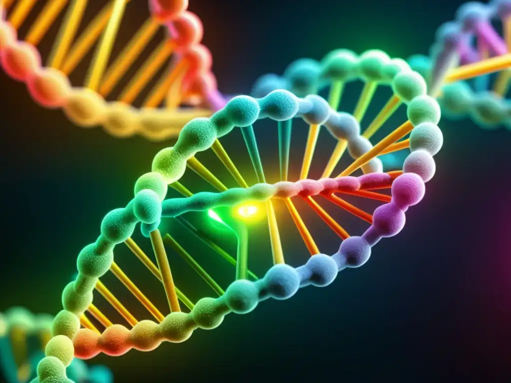 Edición genética futurista: Detalles del CRISPR-Cas9 Imagen detallada de la estructura molecular CRISPR-Cas9 con colores vibrantes, representando la edición genética en inmunoterapia avanzada