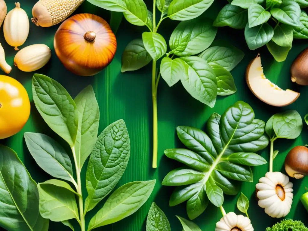 Jardín verde exuberante con alimentos ricos en selenio Imagen detallada de un exuberante jardín con alimentos ricos en selenio, como nueces de Brasil, espinacas y champiñones