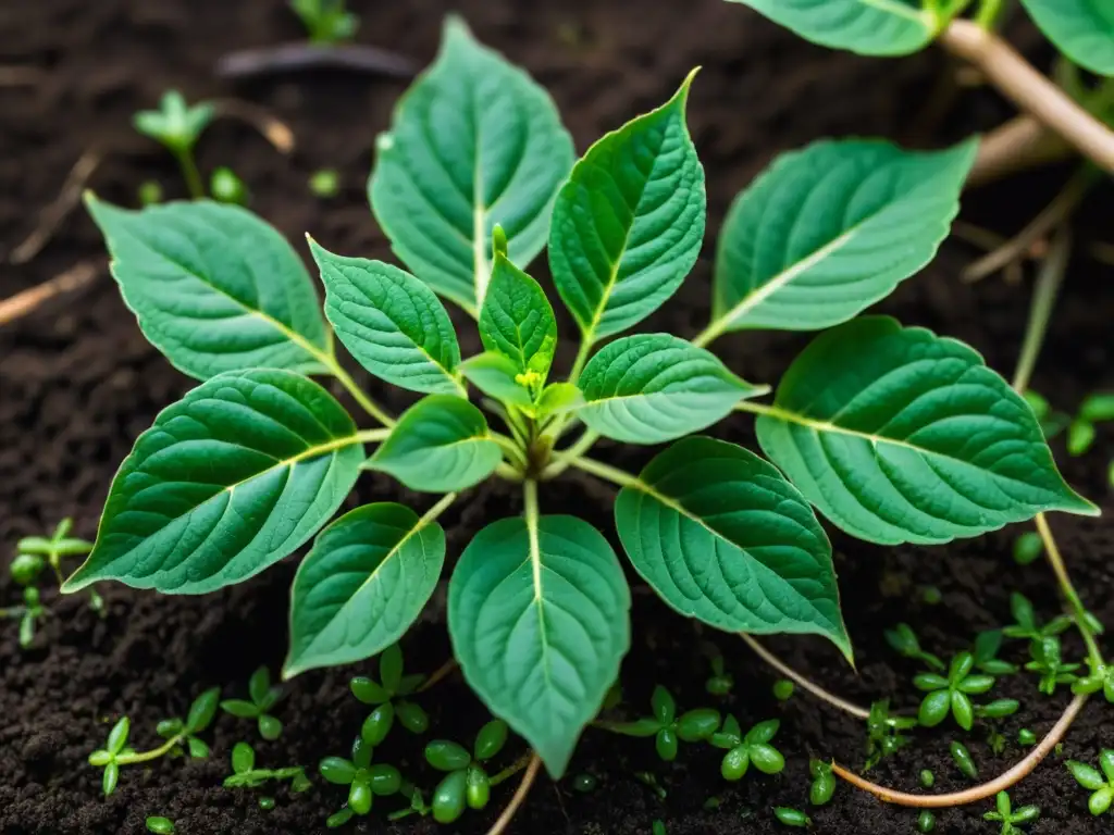 Imagen detallada de una exuberante planta de ginseng verde en suelo rico y nutritivo, evocando vitalidad y beneficios del ginseng para inmunidad