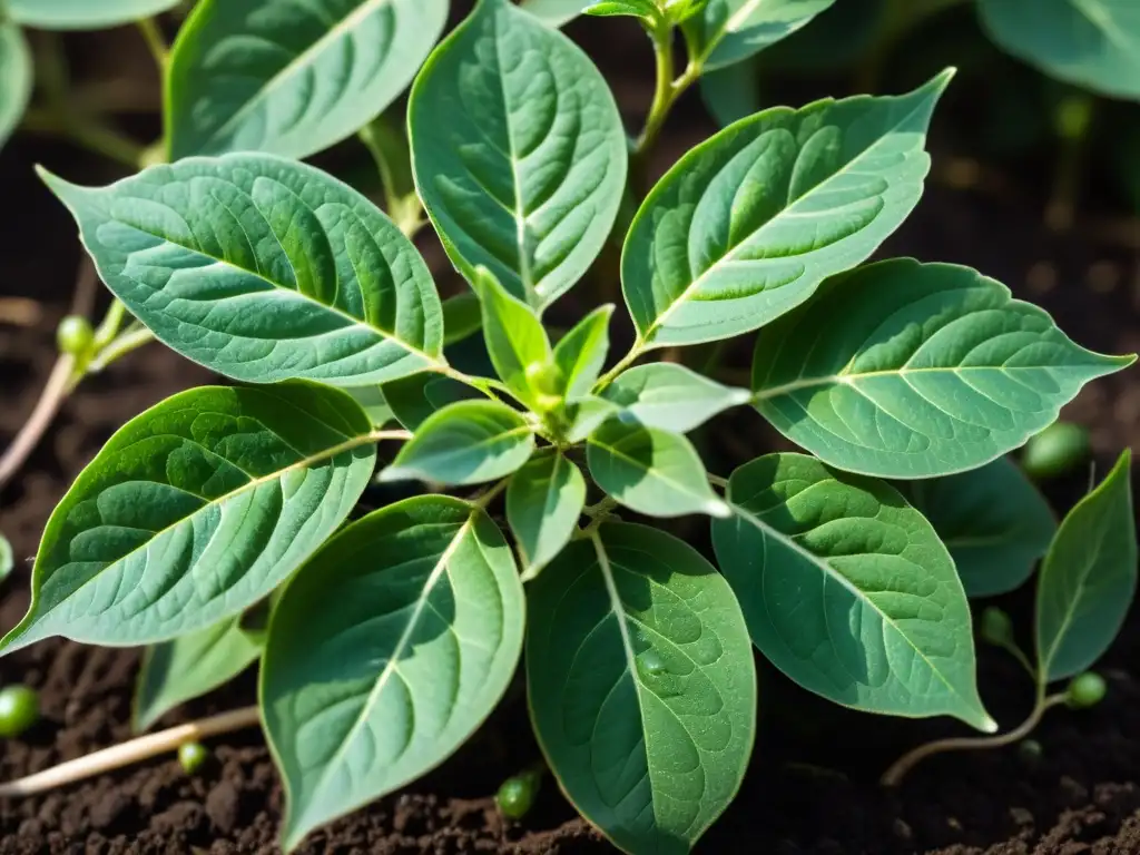 Ashwagandha: Detalles de Hojas y Flores en Verde Vibrante Imagen detallada de una exuberante planta de Ashwagandha con hojas aterciopeladas, rodeada de flores blancas