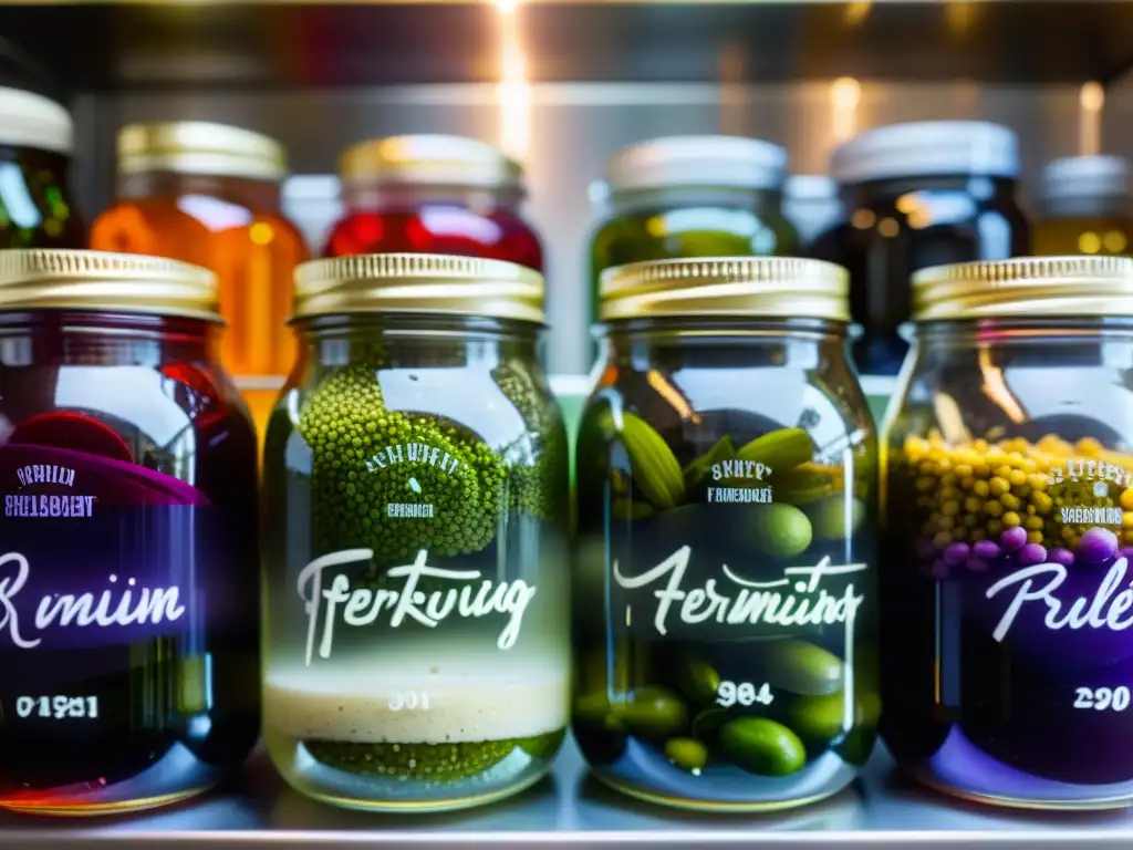 Coloridas fermentaciones: belleza y actividad en tarros Una imagen detallada de frascos de fermentación con vegetales coloridos burbujeantes