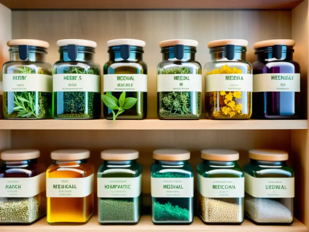 Una imagen detallada de hierbas medicinales y remedios homeopáticos en frascos de vidrio, iluminados por luz natural