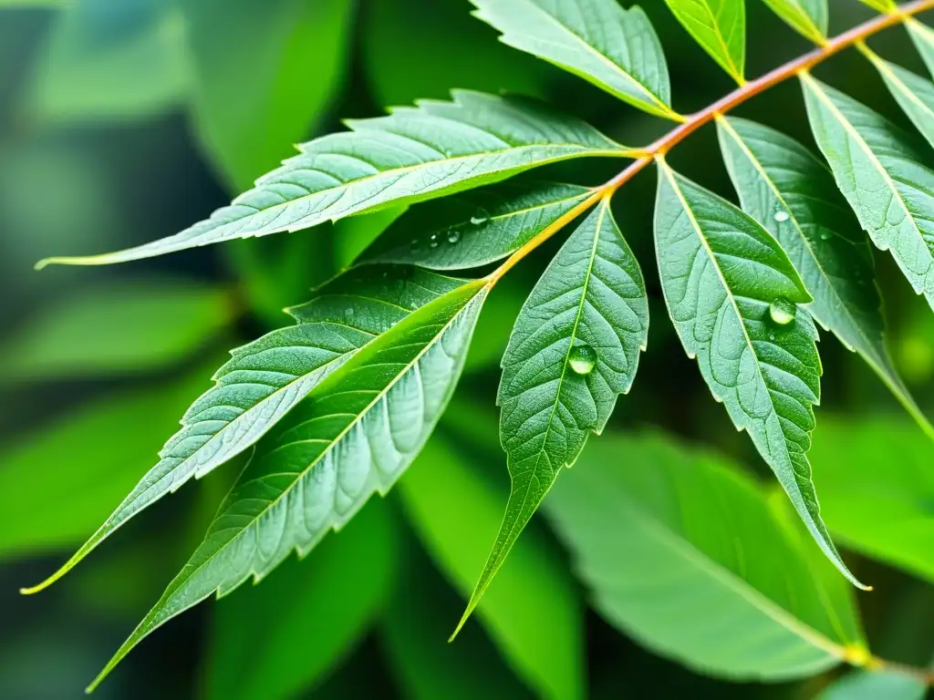 Detalle fresco: hojas de neem con rocío, luz solar y vitalidad Imagen detallada de hojas frescas de neem con rocío, resaltando su color verde vibrante y venas delicadas