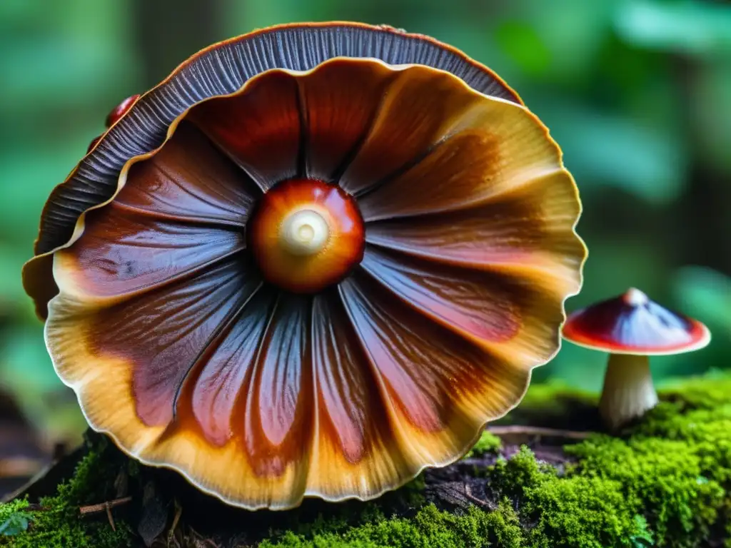 Una imagen detallada de un hongo Ganoderma lucidum, conocido como Reishi, resalta sus propiedades inmunoestimulantes y su belleza orgánica
